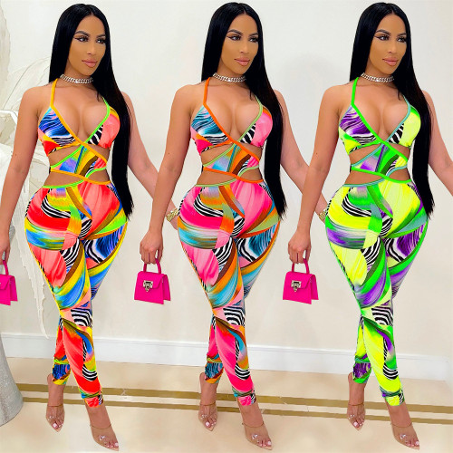 New Summer Outfits For Women 2024 Fashion Printed Sexy Nightclub Bandage Cross Hollow Out One Pieces Jumpsuit Sleeveless