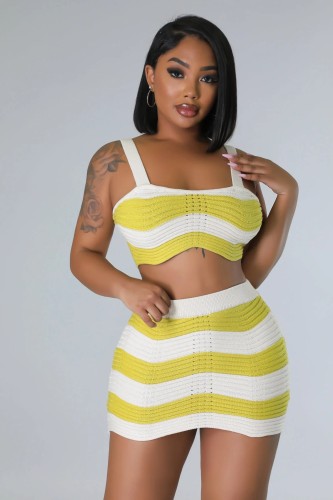 Ribbon Knit Striped Women strap Crop Top + Mini Skirt Suit 2024 Summer Streetwear Beach Holiday Two 2 Piece Set Outfits