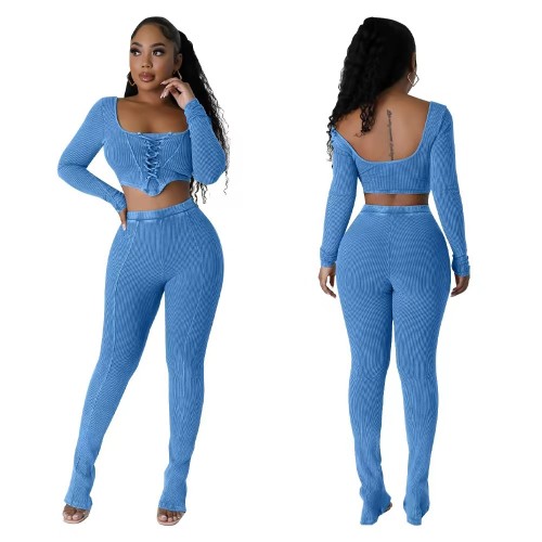 Fashion Knit Ribbed Women's Set Long Sleeve Lace Up Sweater and Flare Pants 2023 Active Two 2 Piece Set Outfit Tracksuit