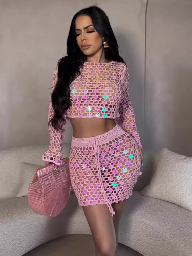 Sexy Hollow Out Beach Crochet Sequin Skirt Set Pink Outfits Glitter Sequins Cover-Up Two-Piece Dress Beach Wear for Female 2024