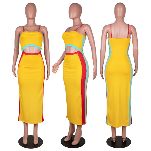 Women Long Dress Patchwork Sleeveless Strap Slash Neck Hollow Out Stretchy Maxi Dresses Sexy Clubwear Summer Outfits