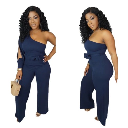 Casual One Shoudler Bandage Jumpsuits Women Sleeveless Wide Leg Pants Overall Autumn Female One Piece Sporty Playsuits