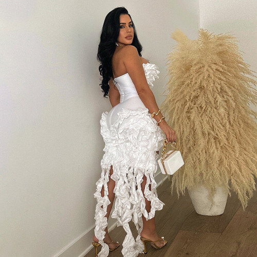 Fashion Ruffle Design Bodycon Irregular Party Club Dresses Women Off Shoulder Sleeveless Slim Vestidos Sexy Tassels Clothing