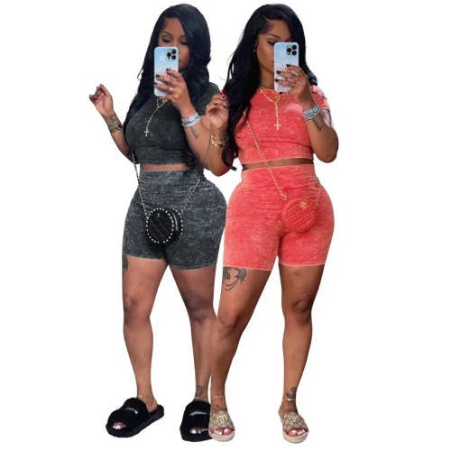Europe Fashion Women's Skin Cotton Fabric Wash Water Fried Flowers Vintage High-waisted Two-piece Set Shorts Set