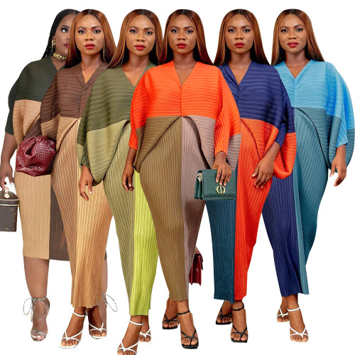 Pleated Lantern Bat Sleeve 2024 Spring New Temperament Stitching V-Neck Fashion Loose Dress Vestidos Fiesta Daifa