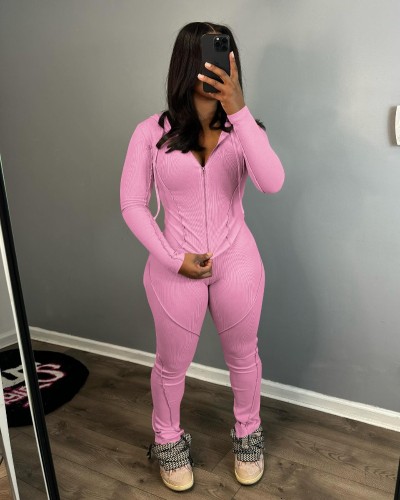 Women Solid Ribbed 2 Piece Set Tracksuits Long Sleeve Zip-Up Hooded Sweatshirts Crop Tops High Waist Pencil Pants Jogger Suits