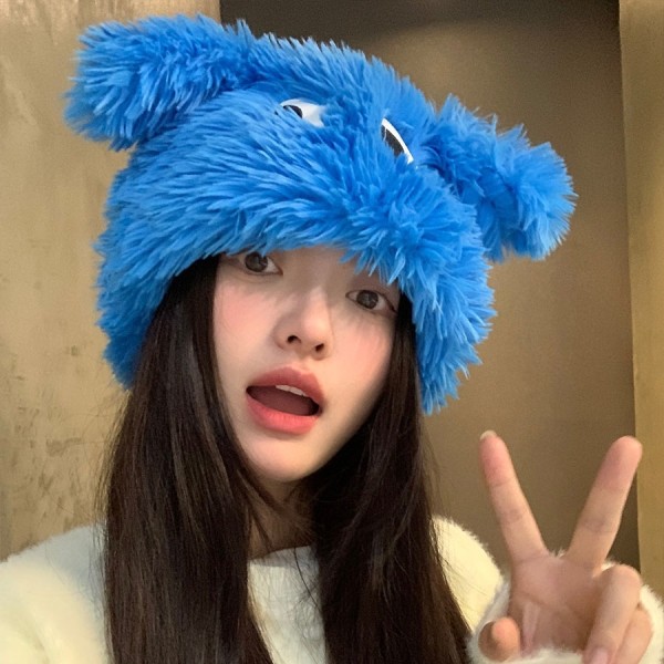 Cartoon Fluffy Beanie Cap for Women Cute Puppy Ears Plush Hat Korean Solid Color Warm Faux Fur Female Girls Pullover Caps