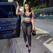 2025 Fashion Sexy Strapless Crop Top Bodycon Mesh Printed Letter Flocking Nightclub Style Pants Set