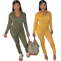 NY8016 Amazon European and American Source Autumn Winter Urban Casual Fashion V-neck Hooded Solid Color Sports Suit
