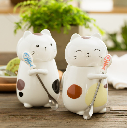 Ceramic cat mug with spoon,CUTE CERAMIC CAT COFFEE CUP,Clay ceramic cute mugs,gift