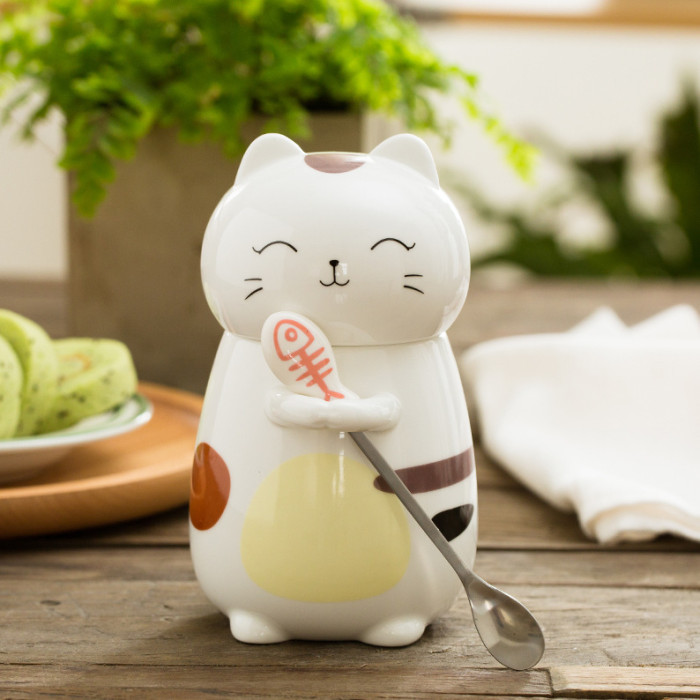 Ceramic cat mug with spoon,CUTE CERAMIC CAT COFFEE CUP,Clay ceramic cute mugs,gift