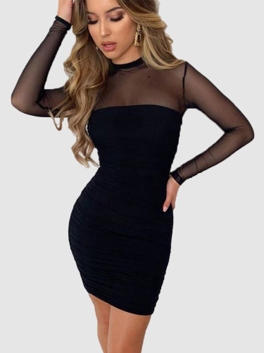 High Neck Ruched Bodycon Mini Dress with Mesh Sleeves