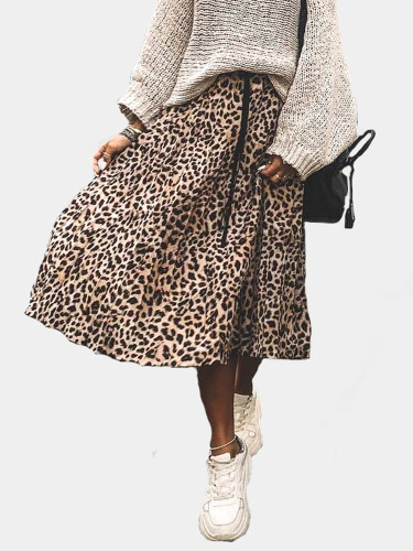 Leopard print Drawstring elastic waist pleated skirts