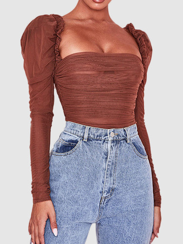 Puff Sleeve Ruched Mesh Bodysuit