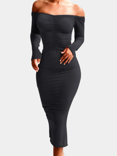 Off Shoulder Midi Dress with Ruched Detail