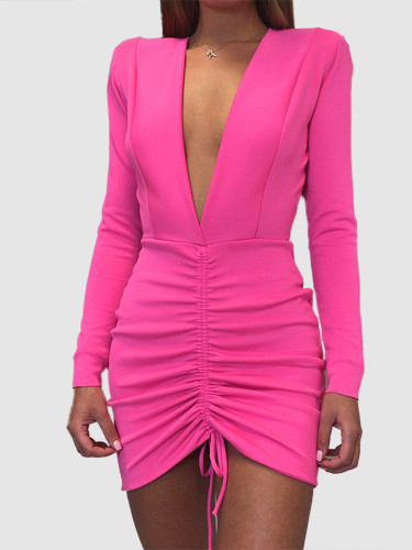 Deep Plunge Long Sleeve Mini Dress with Tie Front
