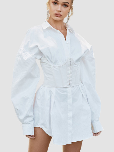 Puff Sleeve White Mini Shirt Dress with Corset Detail(No Belt)