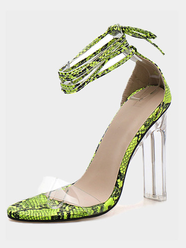 OneBling Peep Toe Clear Heel Tie Leg Sandals In Green Snake / 11CM