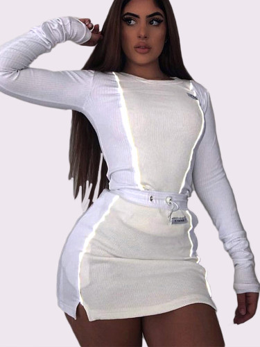 OneBling Women Fashion Reflective Stripe Patchwork Two Piece Set 2019 White Long Sleeve Slim Top Bottom Skirts Outfits Tracksuit