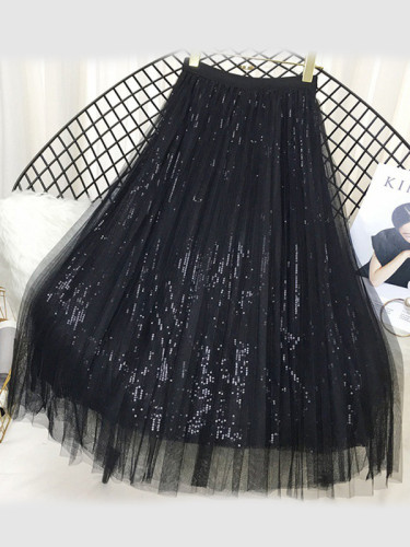 OneBling Mesh Overlay Sequins Pleated Maxi Skirt