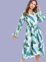 OneBling Tie Sleeve V-Neck Loose Midi Dress In Leaf Print with Frill Detail