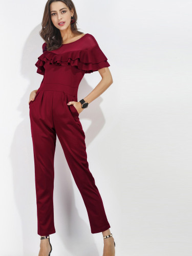 OneBling V-Back Mesh Contrast Double Layer Ruffles Straight Jumpsuit