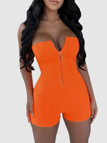 Zipper Corset Detail Strapless Playsuits In Neon Orange