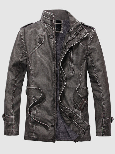 Men's Stand Collar PU Leather Jacket with Belt