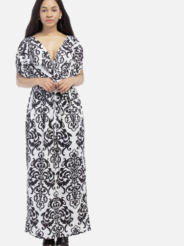 OneBling Plus Size Bohemian Print Gathered Sleeve Wrap Front Maxi Dress