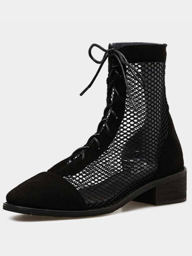 OneBling Fashion Flock Mesh Patchwork Black Ankle Boots Women Shoes Ladies Platform Boots Summer Sexy High Heels Lace Up Pumps