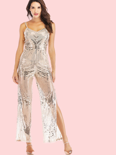 OneBling Double Straps Backless Sequins Jumpsuit with Split Wide Leg