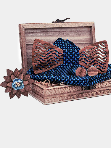 Men Handkerchief Cufflinks Wood Bowtie Set with Gift Box