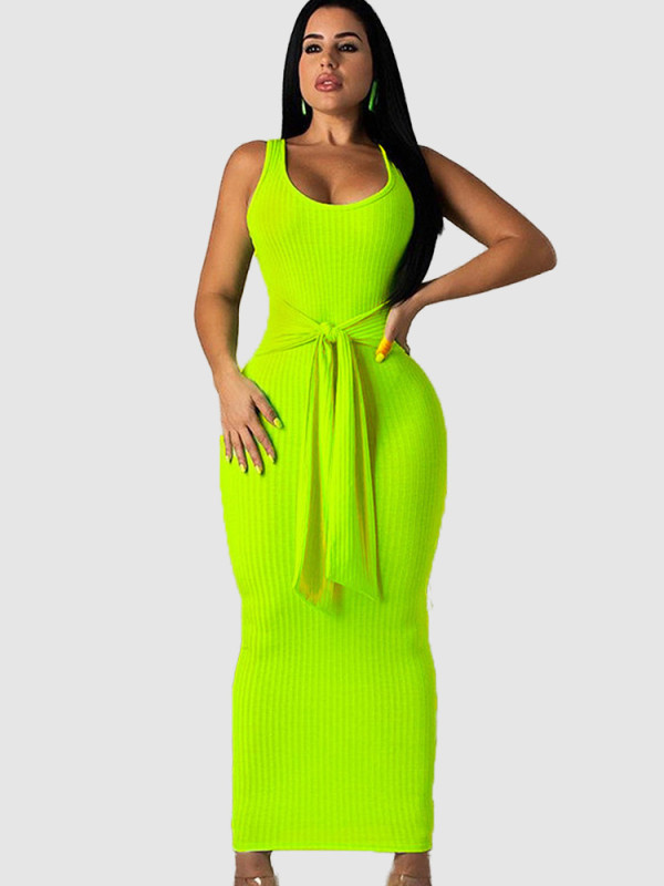 Sleeveless Knit Maxi Dress with Tie Waist