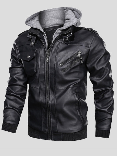 Plus Size Faux Leather Men Racer Jacket with Contrast Hood