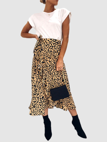 Lace Up High Waist Ruffles Long Wrap Skirt In Leopard