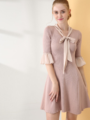 OneBling Chiffon Cuff and Tie Neck Fluted Sleeve Rib Knit Dress