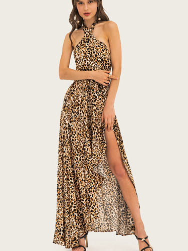 Open Back Leopard Print Maxi Dress with Ruffles Detail