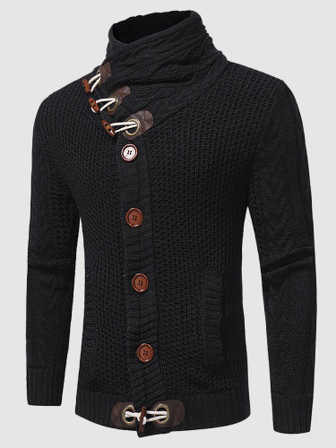 High Neck Cable Knit Men Jumper with Button Embellished