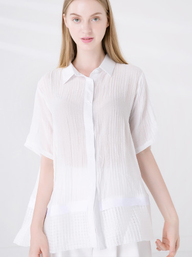 OneBling Grid Hem Loose Cotton Linen Textured Shirt