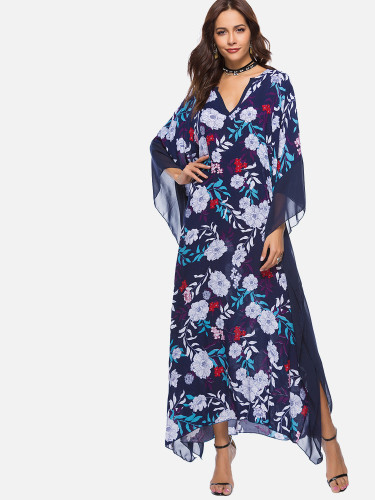 OneBling Floral Print Contrast Slit Side Loose Dress