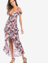 OneBling Open Shoulder Flutter Sleeve Ruffles Embellished Asymmetric Cami Dress