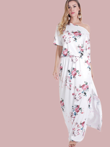 OneBling Cold Shoulder Draped Detail Double Pockets Split Side Maxi Dress In Floral Print