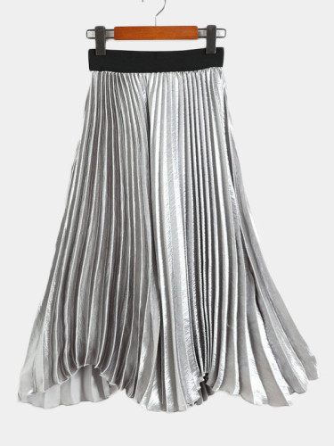 OneBling Asymmetric Hem Metallic Pleated Skirt With Contrast Waist