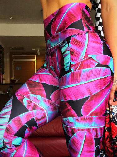 OneBling Ruched Detail Leggings In Bright Tropical Palm Print