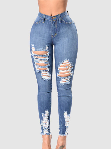 OneBling Plus Size Skinny Jeans In Blue with Ripped & Raw Hem