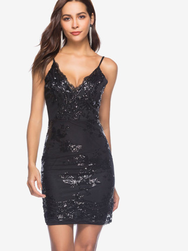 OneBling Open Back Sequins Embroidery Embellished Bodycon Mini Cami Dress