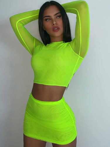 OneBling Crop T-Shirt and Ruched Mini Skirt Neon Green Mesh Set