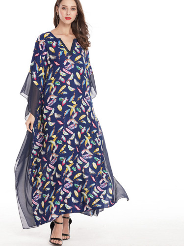 OneBling Chiffon Trim Draped Detail Plunge Neck Maxi Kimono Dress