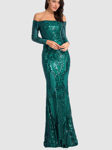 Sequins Padded Bardot Fishtail Maxi Dresses with Long Sleeve