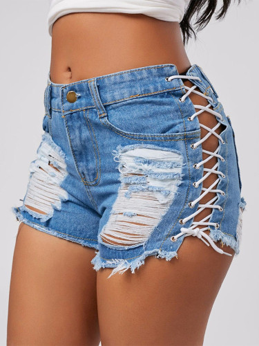 Ripped Tassel Lace-up Women Denim Shorts